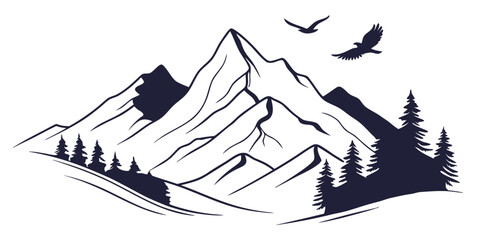 Minimalist mountain range landscape with pine trees and flying birds, vector line art illustration for t-shirt design 