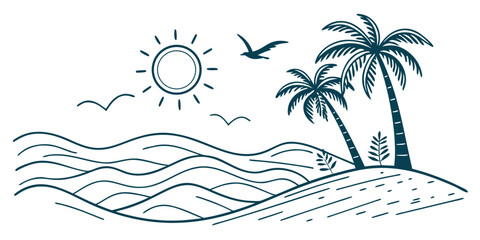 Modern minimalist tropical beach scene with palm trees, ocean waves, and sun, two-tone line art vector for poster or travel design