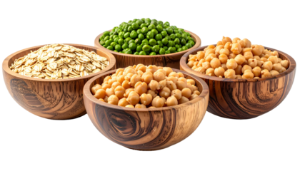 Four wooden bowls brimming with healthy grains and legumes, a vibrant food selection