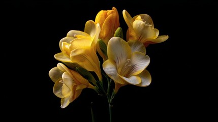 Bouquet of yellow and white flowers arranged against a dark background showcasing their shape and colors