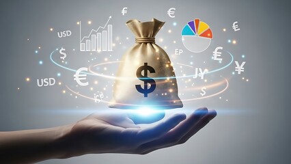 A hand holding a money bag with financial symbols surrounding it in a futuristic environment