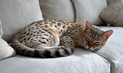A cat is sleeping on a couch