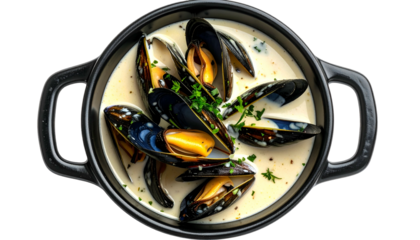 Overhead shot of mussels in creamy broth with herbs in a dark, handled dish