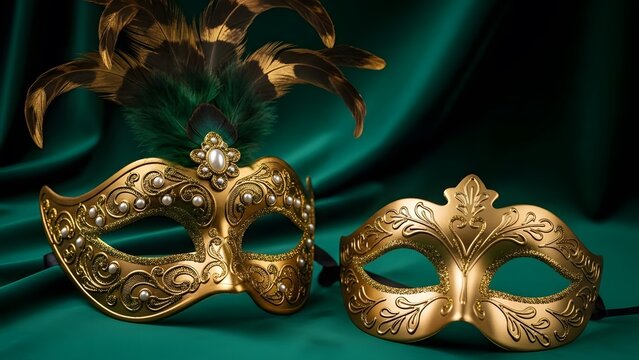 Two ornate gold masquerade masks on a green velvet background