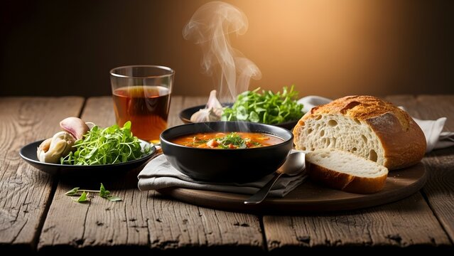 Steaming bowl of tomato soup with bread and salad on wooden table