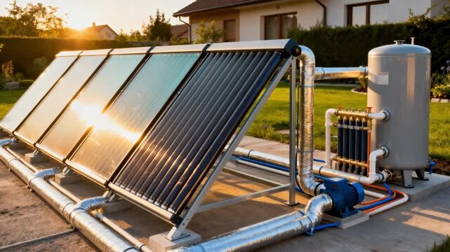 Medium shot focusing on groundmounted solar thermal collectors linked to a hydronic setup highlighting efficient renewable energy use in residential heating.