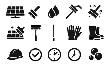 Obraz premium Solar panel cleaning equipment and symbols with safety icons