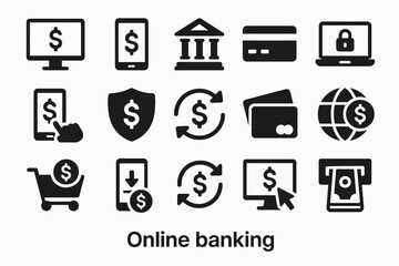 Online banking icons: mobile payment, security, money transfer, shopping, finance
