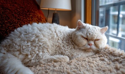 A white cat with a fluffy coat is laying on a rug