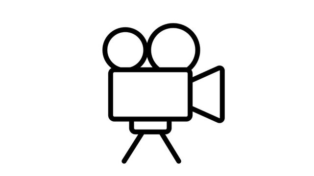 Animated cinema film camera icon on tripod. Suitable for movie production, filmmaking industry, professional video recording, and media entertainment.