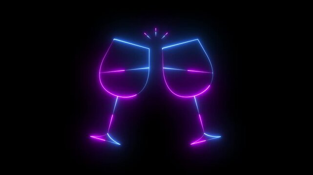 Neon wine glass icon animation on black background. champagne Glass icon. Wine Glass with alcohol drink, wine degustation, premium winery. Festive celebration. New year holiday. 4k video animation.