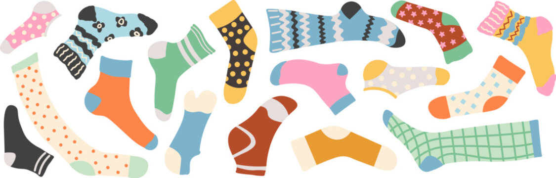 Variety of socks in doodle style in vector. element for decor design print sticker poster banner advertisement
