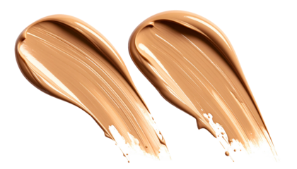 Two angled makeup swatches of varying shades against a stark black background