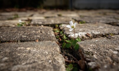 Obraz premium A white flower is growing in the cracks of a brick sidewalk
