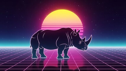 Rhinoceros in futuristic neon landscape with sunset