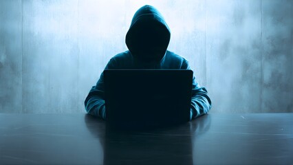 Anonymous figure in a dark hoodie using a laptop, symbolizing cybercrime, data breach, and online threats in a shadowy digital environment