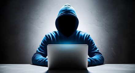 Anonymous hooded figure intensely working on a laptop in a dimly lit, mysterious room, symbolizing cybersecurity operations, digital threats, or programming focus.