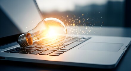 Glowing Light Bulb on Laptop Keyboard: A Symbol of Innovation, Bright Ideas, Creative Thinking, and Digital Solutions