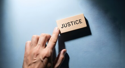 A human hand points to a wooden block displaying the word 'JUSTICE' on a textured background, representing law, fairness, and societal principles.
