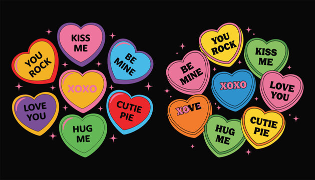 Sweet messages in a valentine conversation heart candy hearts border arrangement on a black background