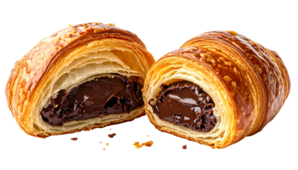 Flaky, golden croissant, cut open to reveal rich, dark chocolate filling, isolated on black