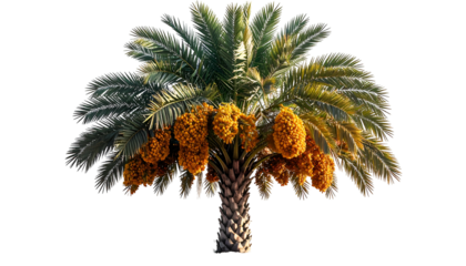 Isolated close-up of a date palm tree bearing clusters of ripe, golden dates