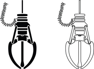 Set of crane claw machine icons, collection of arcade grabber toy symbols, group of flat line vector illustrations, add claw, gripper, catcher, pickup device, black