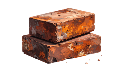 Two weathered, rectangular masonry blocks of reddish-brown hue are stacked atop one another