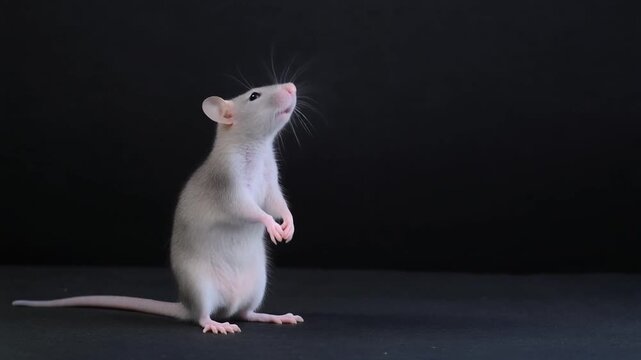 White rat standing upright on hind legs against black background, with raised front paws and tilted head, highlighting fur texture, whiskers, and posture in dramatic close-up animal composition.