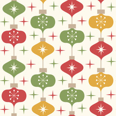 Mid century Christmas ornaments with atomic starbursts seamless pattern in green, red and mustard yellow on beige background. For Christmas print, wrapping paper and holiday decoration