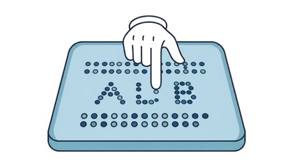 Hand pressing braille dots on blue tactile sign for visually impaired accessibility communication