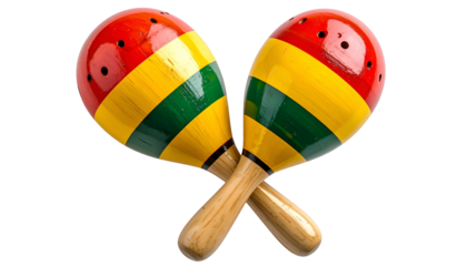 Two brightly painted maracas crossed on a black background. Each features red, yellow, and green