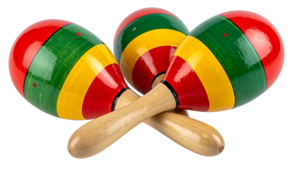Three vibrantly painted maracas, red, green, and yellow, with wooden handles, are crossed