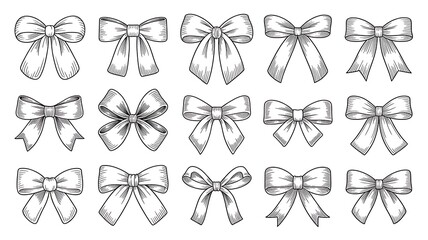  illustration set of hand drawning ribbon bow decoration elements isolated on white or transparent.