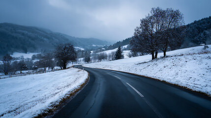 Winding Snowy Road Perspective Through Winter Landscape With Fog