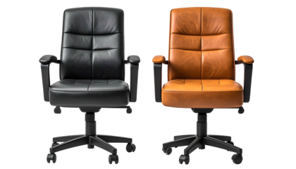 Two executive office chairs, one black, one brown, side-by-side, on a transparent background