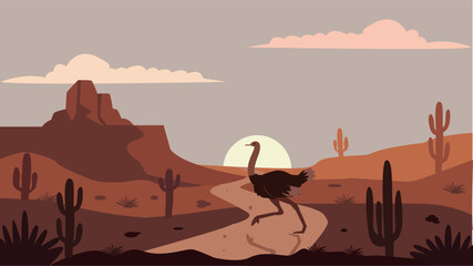 Desert landscape with ostrich at sunset