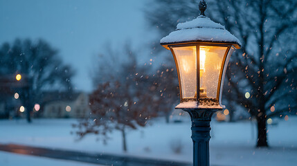 Moody Cinematic Photo Of Vintage Lamp Post Glowing In Falling Snow