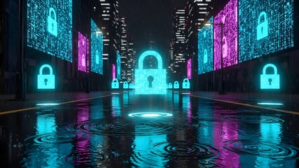 Cyberpunk City Street with Glowing Digital Padlocks and Holographic Shields