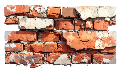 Close-up of a decaying brick wall, showing exposed bricks and peeling plaster