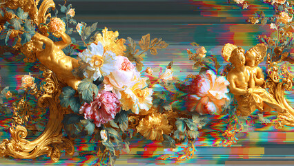Elegant 18th-century French Rococo floral ornaments and golden cherubs distorted by modern digital glitch effects and chromatic aberration.