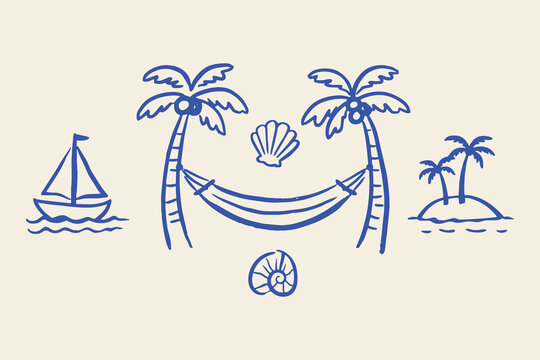Hammock between palm trees beach doodle line art vector illustration
