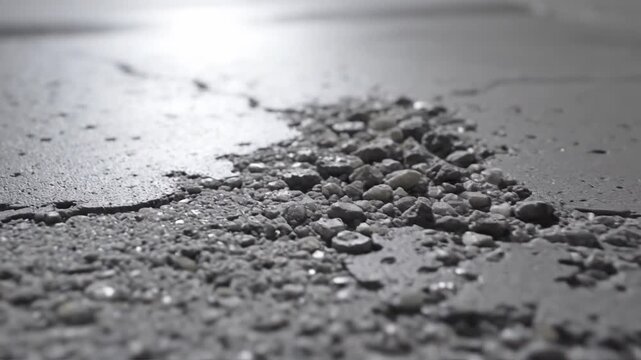 Cracked asphalt road surface with gravel and debris.