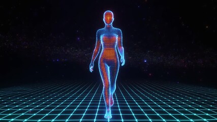 Abstract 3D animated human figure composed of flowing blue and orange particles walking forward on digital grid - Powered by Adobe