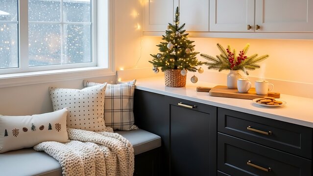 Cozy Christmas Kitchen Nook with Mini Tree Warm Lights and Neutral Decor