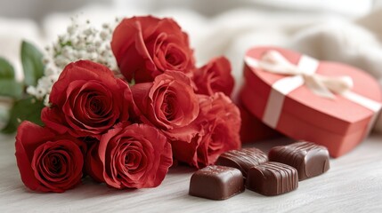 Valentines day gifts with red roses, chocolate, and heart-shaped box in indoor setting