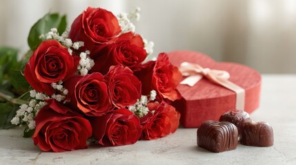 Valentine's day gifts with red roses and chocolates on a table