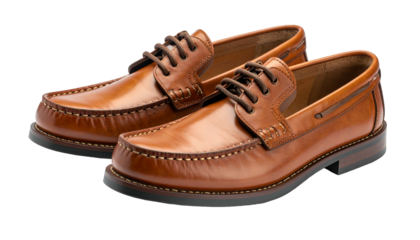 A pair of polished, brown leather boat shoes displayed on a black background (1)