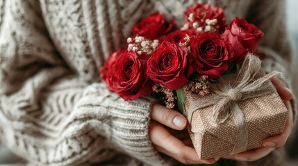 Gift and flowers for Valentine's Day celebration in cozy setting