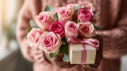 Gift of roses and a small present for Valentine's Day celebration in a cozy indoor setting